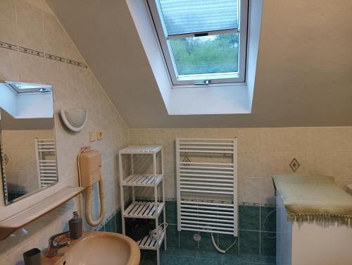 a bathroom with a sink and a skylight at Ubytování Iris in Dolany