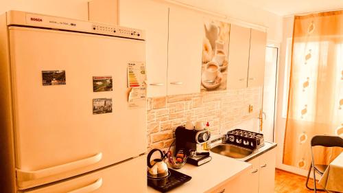 a kitchen with a white refrigerator and a counter top at C-House Inchiriaza Apartament 2 Camere in Regim Hotelier in Râmnicu Vâlcea