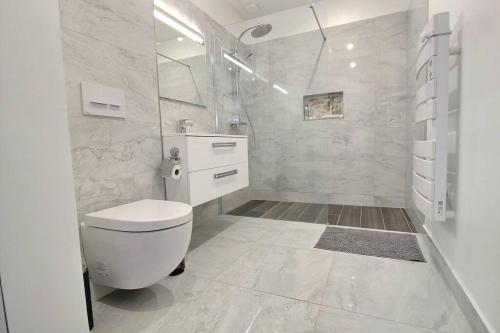 une salle de bain blanche avec des toilettes et un lavabo dans l'établissement Cosy d'Azur T2 centre historique-vieux port, à La Ciotat