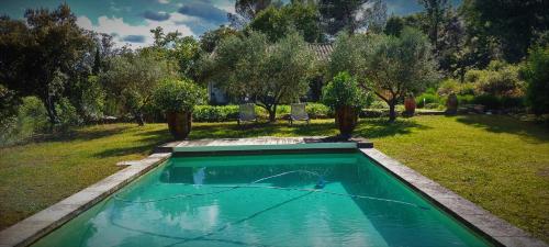 - une piscine dans une cour arborée dans l'établissement AU CLOS DU PRESSOIR sauna spa et piscine au coeur d'un vignoble, à Aspères