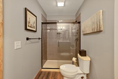 a bathroom with a toilet and a glass shower at Wildcat Chalet in Seven Devils