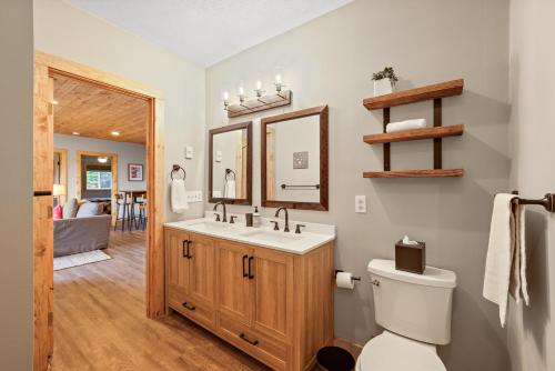 a bathroom with a toilet and a sink and a mirror at Wildcat Chalet in Seven Devils