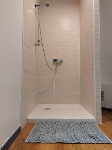 a bathroom with a shower with a rug at bel appart T2 confortable en plein coeur de Sigean in Sigean