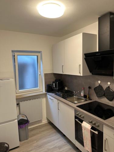 een keuken met witte kasten, een wastafel en een raam bij Quins in Aalen