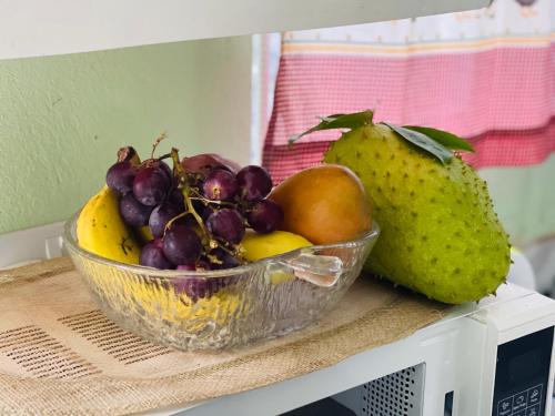 uma tigela de fruta sentada em cima de um micro-ondas em Evergreen em Kingstown