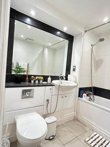uma casa de banho com um WC, um lavatório e um espelho. em New Beautiful Lux Apartment em Londres