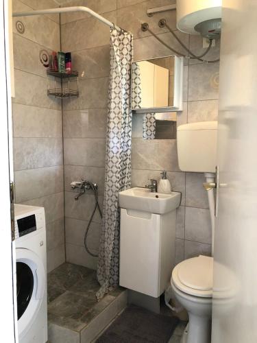 a bathroom with a toilet and a sink and a mirror at Old city core in Senj