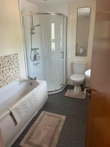 a bathroom with a shower and a tub and a toilet at The Nest in Belfast