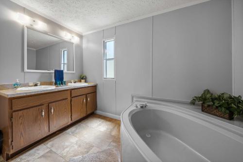 bagno con vasca, lavandino e specchio di Eatonton Home with Dock and Lake Sinclair Views! a Eatonton