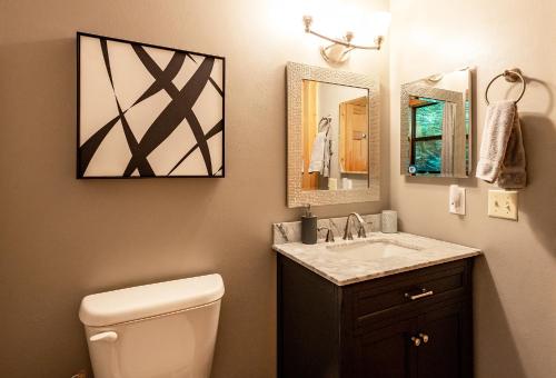 a bathroom with a toilet and a sink and a mirror at Lakeside Mountain Oasis - 3 Bedroom Cabin with Outdoor Hot Tub in Topton