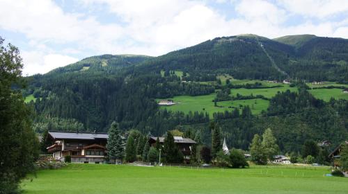 a large green field with a house in front of a mountain at Gästehaus Stotter in Neukirchen am Großvenediger