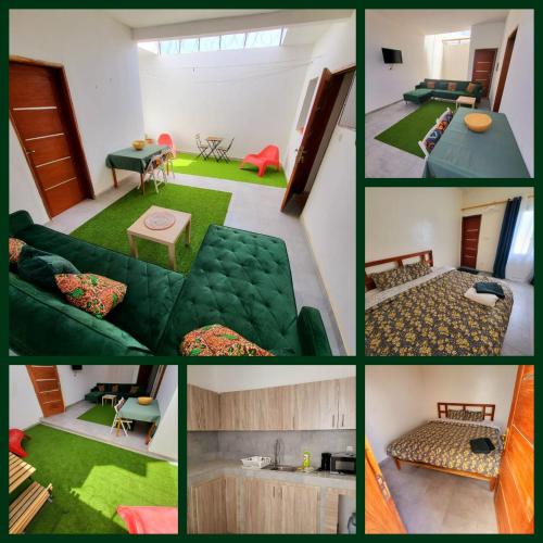 Iknews Appart Dakar في Kammba: مجموعة من صور غرفة المعيشة مع أريكة خضراء