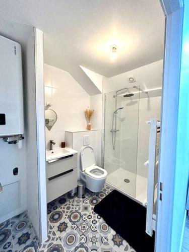 une salle de bain avec toilettes, lavabo et douche dans l'établissement Charmant T2 à Aix-les-bains !, à Aix-les-Bains