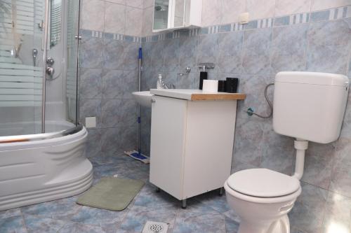 a bathroom with a toilet and a sink and a shower at Apartman NAOMI in Zagreb