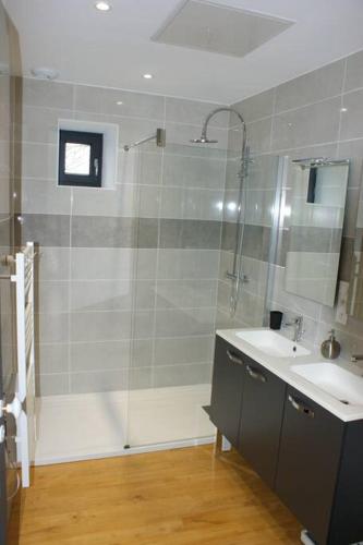 une salle de bain avec douche et lavabo dans l'établissement Gite La Cazarié - babyfoot, table pong pong, ,séjour patrimoine, nature,sportif, à Saint-Martin-Laguépie