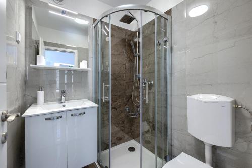 a bathroom with a shower and a toilet and a sink at Studio apartman Luka in Pomer