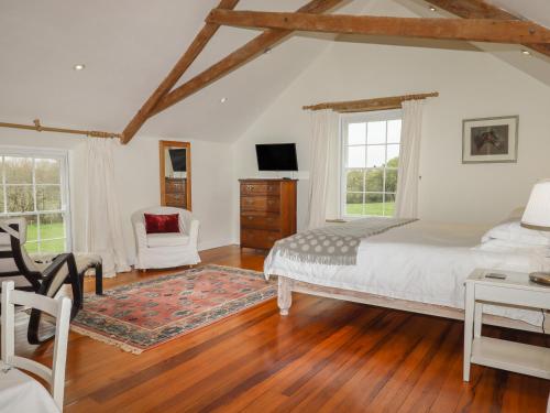 a bedroom with a bed and a desk and a tv at Monks Cottage in Newton Abbot