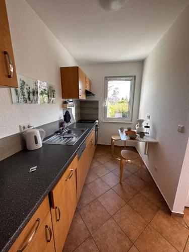 a kitchen with a sink and a table in it at Klättes Ferienwohnung mit Garten in Zagelsdorf