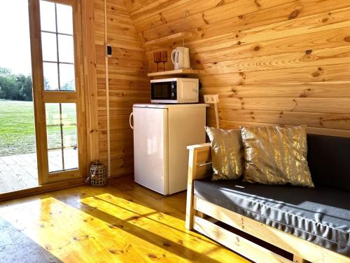 a living room with a refrigerator and a couch in a log cabin at Vidusgrīvas in Nidden