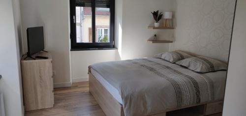 a bedroom with a bed and a television in it at Le Cygne, appartement de standing en hyper-centre in Sarreguemines