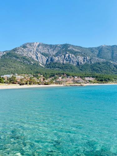 a view of a beach with mountains in the background at Gelidonya Pansiyon in Kumluca