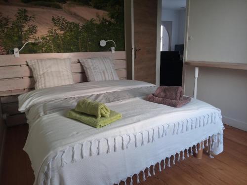 ein großes weißes Bett mit zwei Handtüchern darauf in der Unterkunft Chez Nanou in Bailleul-sur-ThÃ©rain