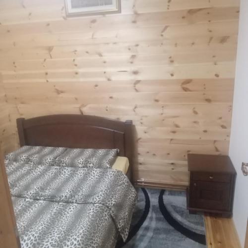 a bedroom with a bed and a wooden wall at Apartments Avramovic in Žabljak
