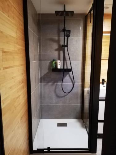a shower in a bathroom with a glass door at Le Cha'let Resteigne in Wellin