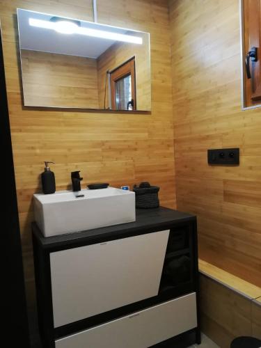 a bathroom with a white sink and a mirror at Le Cha'let Resteigne in Wellin