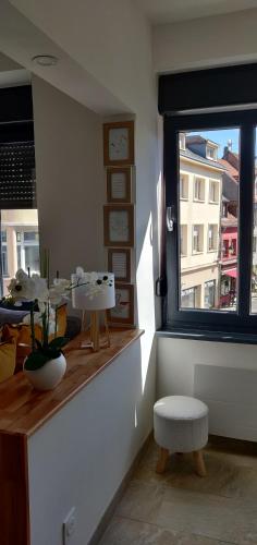 um quarto com uma janela, uma mesa e um banco em Le Cygne, appartement de standing en hyper-centre em Sarreguemines