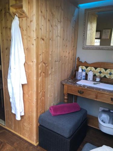 a bathroom with a sink and a stool and a mirror at Down The Garden Path Vintage Caravan B&B , Dartmoor in Newton Abbot