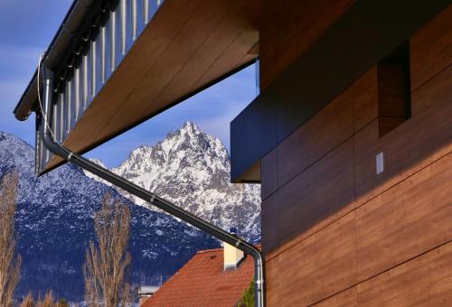 a view of a mountain from a house at Villa Greystone in Smokovce