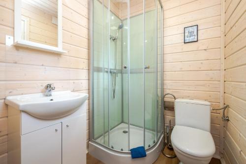 a bathroom with a shower and a toilet and a sink at Domki Bruno Mare in Bobolin