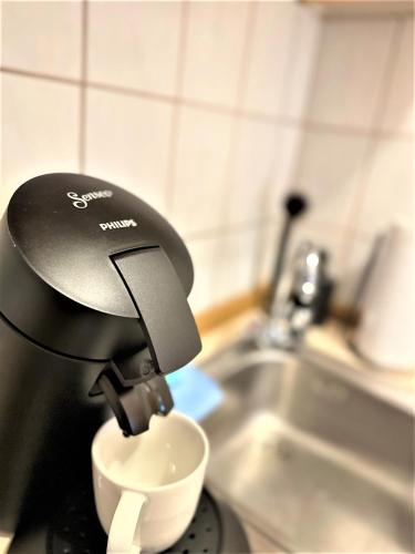 a coffee machine sitting on a counter next to a sink at COZY Apartment in Bavarian Forest +POOL +SAUNA +NETFLIX in Zwiesel