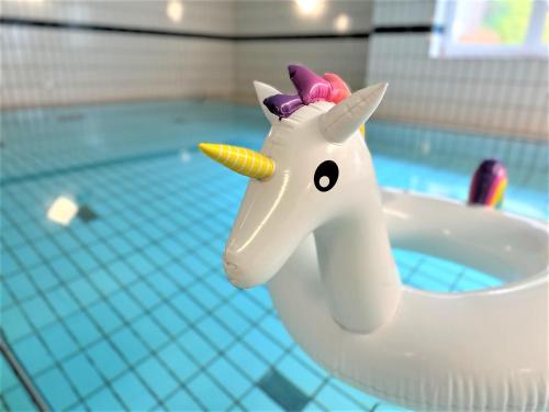 a toy unicorn is sitting in a swimming pool at COZY Apartment in Bavarian Forest +POOL +SAUNA +NETFLIX in Zwiesel