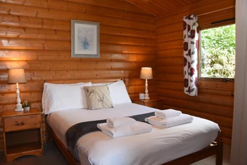 um quarto com uma cama num chalé de madeira em Tawny Owl Lodge em Rhayader