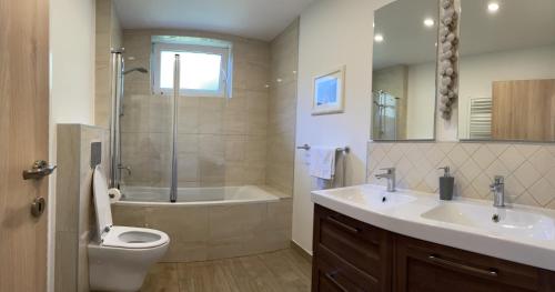 a bathroom with a toilet and a sink and a shower at Villa Vilfanova- Apartments in Portorož