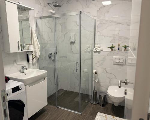 uma casa de banho com um chuveiro, um lavatório e um WC. em Apartment Hera with private garage em Lukavica