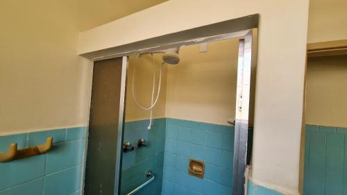 prysznic w łazience wyłożonej niebieskimi kafelkami w obiekcie Casa espaçosa e confortável na região da Pampulha w mieście Belo Horizonte
