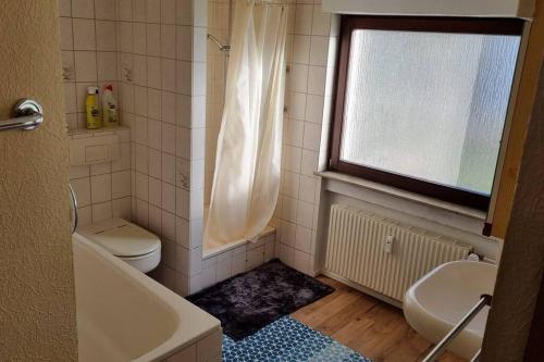 a bathroom with a toilet and a sink and a window at Arbeiterwohnung, bis zu 9 Personen, Langzeitmieter, Monteurzimmer in Gelnhausen