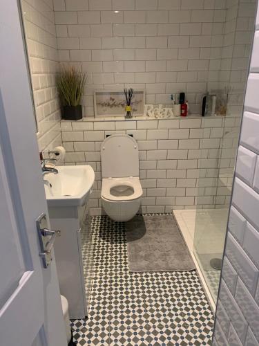 La salle de bains est pourvue de toilettes blanches et d'un lavabo. dans l'établissement Inse House Laytown, à Laytown