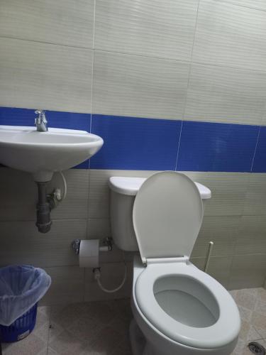 a bathroom with a toilet and a sink at Eco-Cafe El Mirador in Guachaca
