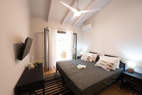a bedroom with a bed and a television in it at Orsalia villa wellness in Poros