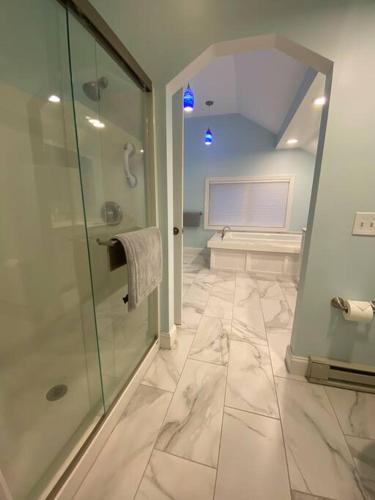 a bathroom with a shower and a glass shower stall at Salmon River View in Pulaski