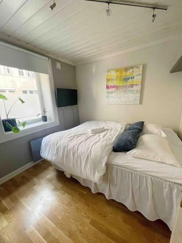 1 dormitorio con 1 cama en una habitación con ventana en Your Ultimate Group Getaway - Central in Vibrant Bislett en Oslo