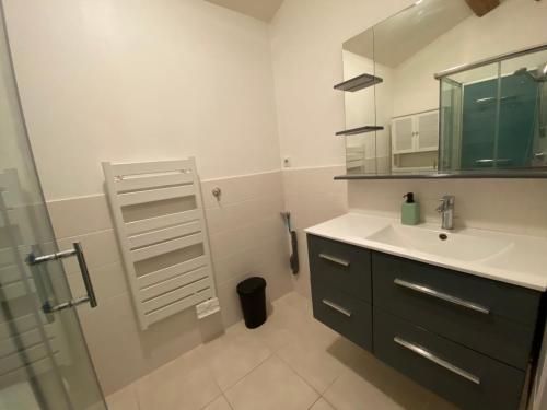La salle de bains est pourvue d'un lavabo et d'un miroir. dans l'établissement T4 Cosy dans ferme rénovée à 2 minutes de Genève, à Collonges-sous-Salève