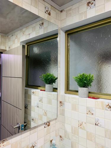 ein Badezimmer mit zwei Fenstern und zwei Topfpflanzen in der Unterkunft Bogotá Kings 302 in Bogotá