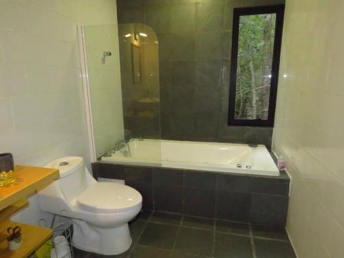 y baño con aseo, bañera y lavamanos. en Cómodo chalet con tinaja rodeado de bosque nativo en Pucón