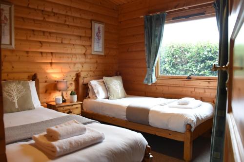 dwa łóżka w drewnianym domku z oknem w obiekcie Hillside View w mieście Rhayader