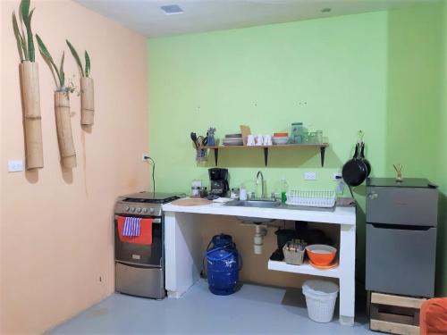 een keuken met een wastafel en een fornuis bij COMFY furnished private apartment.Netflix/internet in Chimaltenango